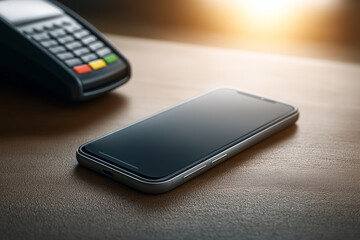Smartphone placed near a payment terminal on a table, illustrating contactless payment, mobile transactions, retail technology and modern cashless shopping