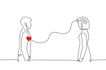 man with a red heart and a woman with a purple brain standing opposite each other - Continuous one line drawing. empathy, emotional intelligence, and the connection between heart and mind