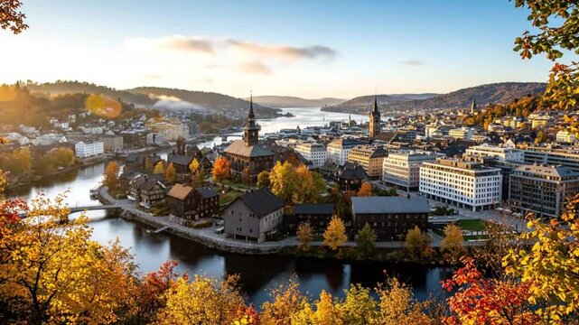 Scenic aerial view of picturesque Drammen, Norway, during autumn season with vibrant fall foliage and river reflections