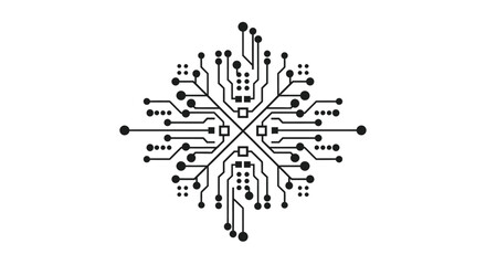 A stylized circuit board design in the shape of a snowflake on a white background