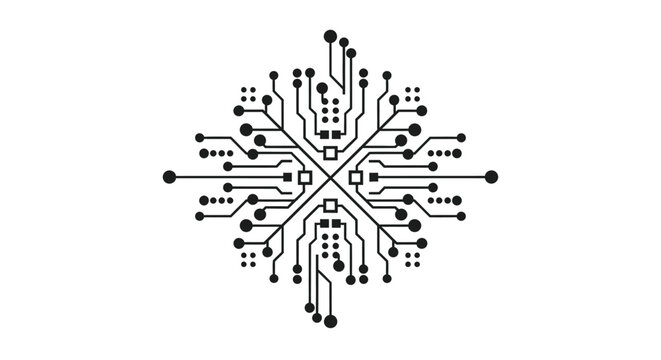 A stylized circuit board design in the shape of a snowflake on a white background