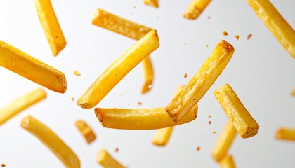 Flying Golden French Fries Against a Bright Background, Energetic Food Shot