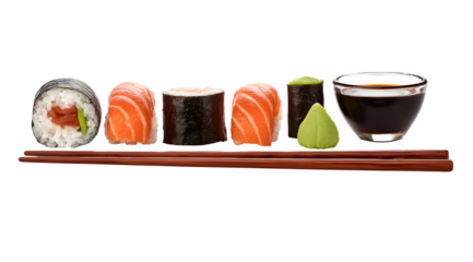 A perfectly arranged selection of assorted sushi rolls, wasabi, and soy sauce is presented alongside elegant wooden chopsticks.
