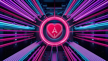 Futuristic Central Processing Unit: Radiant Pink Core with Radiating Neon Strands in a Server Array