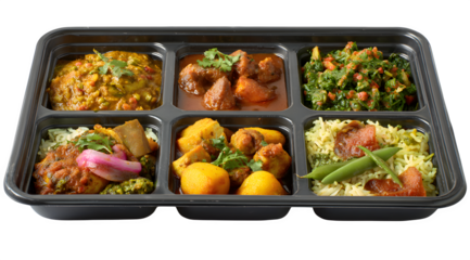 A variety of delicious Indian dishes are neatly arranged in a black plastic meal prep container, ready for consumption.