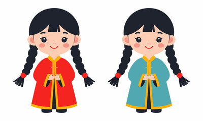 Fototapeta premium cartoon girls in traditional Korean hanbok dresses.