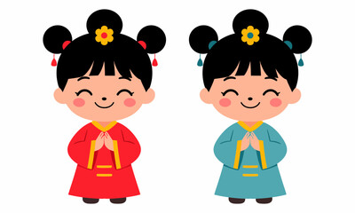 Asian girls praying together Chinese culture traditional dress.