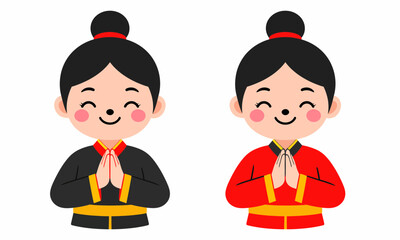 cartoon girls praying together namaste greeting asia.