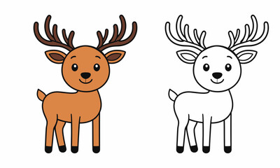 cartoon deer with antlers colored and outline versions.