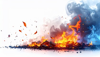 Dynamic Abstract of Fire, Smoke, and Glowing Embers on White Background