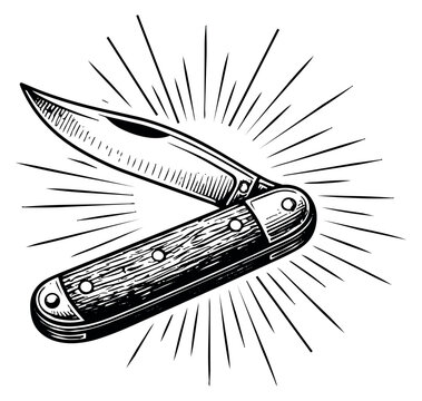 Hand drawn line art illustration of a pocket knife depicting an open blade with a radiating burst for outdoor adventure