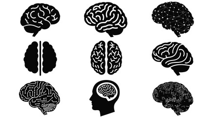 A collection of black and white brain illustrations on a clean white background