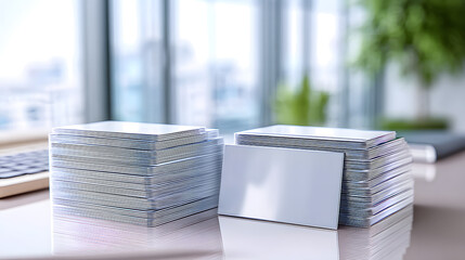 Stacks of clean minimalist white business cards ready for customization resting on a reflective desk surface in a bright modern office environment with blurred city view outside