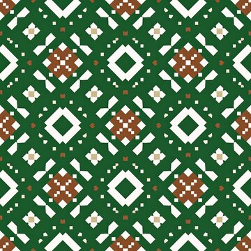 Seamless geometric ethnic pattern with diamond shapes and tribal motifs in green, brown, and cream colors