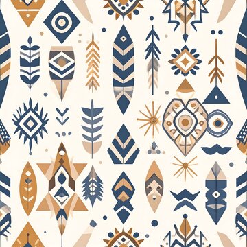 Tribal Ethnic Boho Geometric Pattern Seamless Background with Feather and Sun Motifs in Blue and Gold Tones