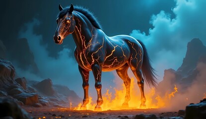 Mythical Stallion with Glowing Lava Skin Standing in Fiery Landscape