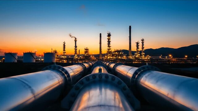Pipeline system connects to oil refinery at sunset with storage tanks. Industrial pipeline leads to refinery towers. Oil refinery glows at sunset with pipeline. Storage tanks near refinery plant.