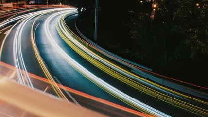 Long exposure motion blur of car light trails on a curved highway at night