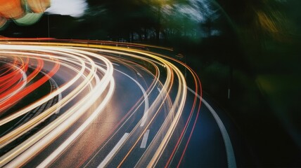Dynamic car light trails on a night road with motion blur and long exposure effect