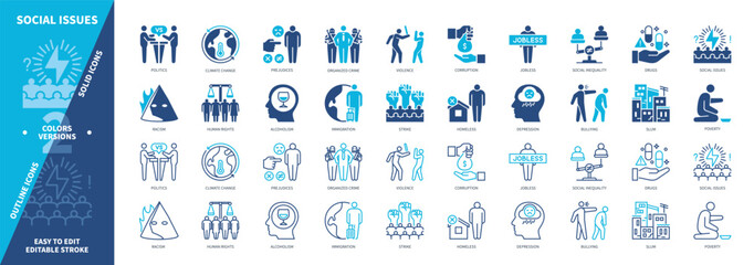 Social Issues icon set. Jobless, Corruption, Depression, Prejudices, Climate Change, Drugs, Homeless, Strike. Duotone color solid and editable outline icons