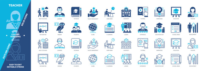 Teacher icon set. Education, Learning, Development, University, Lesson, Talent Management, Experience, Students. Duotone color solid and editable outline icons