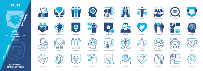 Trust icon set. Confidence, Freedom Press, Reliable, Sincerity, Honesty, Friendship, Distrust, Clarity. Duotone color solid and editable outline icons