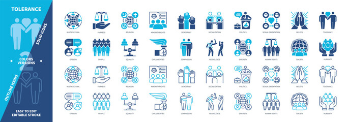 Tolerance icon set. Democracy, Minority Rights, Diversity, No Violence, Religion, Equality, Humanity, Opinion. Duotone color solid and editable outline icons