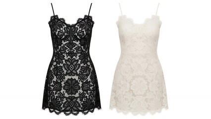 Chic Strappy Lace Mini Dresses with Scalloped Edges in Black and White for Party or Evening Wear