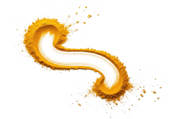 Abstract s shape swirl of bright yellow turmeric powder spice isolated on transparent background for culinary or health concept design element
