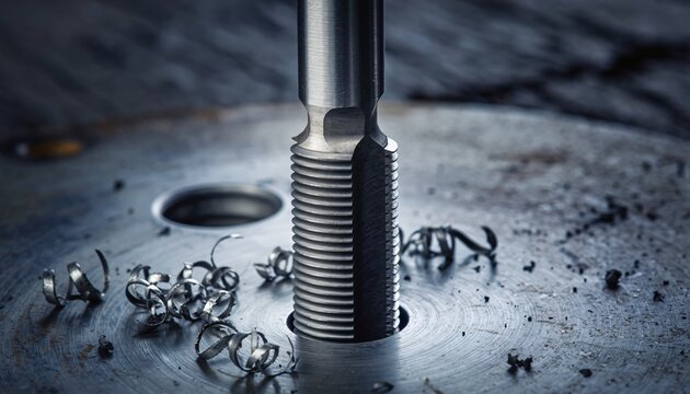A close-up shot of a metal tap tool cutting threads into a metal plate, surrounded by metal shavings.