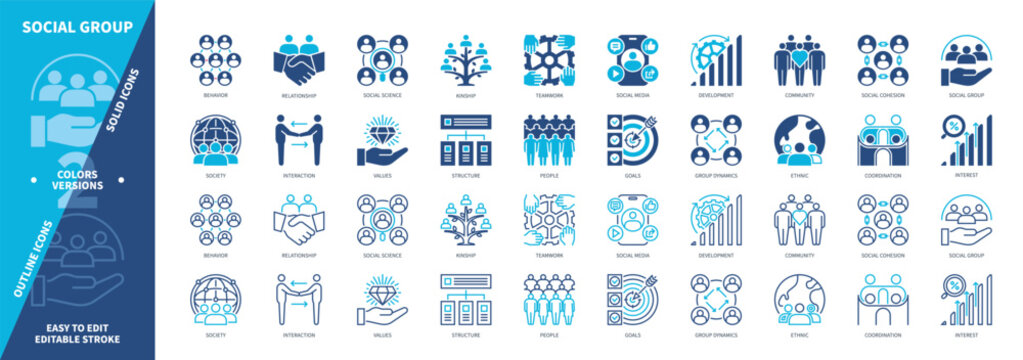 Social Group icon set. Society, Relationship, Community, Structure, Coordination, Values, Behavior, Ethnic. Duotone color solid and editable outline icons