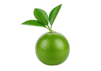 Fresh green lime fruit with small leaves attached, isolated on transparent background for easy use in design and illustration