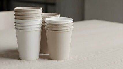 Stack of paper cups on a wooden table in a modern clean setting
