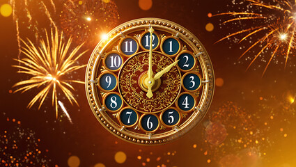 A festive New Year's countdown with a golden clock about to strike midnight, surrounded by fireworks.