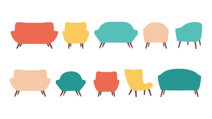 Collection of colorful mid-century modern armchairs and sofas on a white background