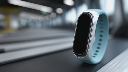 Fitness Tracker Smart Band Lying on a Treadmill Belt in a Modern Gym Environment