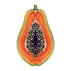Stylized Papaya Cross-Section Vector Illustration. Detailed tropical fruit half with seeds and vibrant orange flesh, isolated on white background.