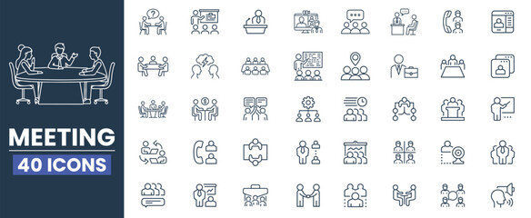 Meeting Icon Set. Seminar, Business Meeting, Presentation, Interview, Conference, Assembly, Agreement and Discussion Line Icons Collection.