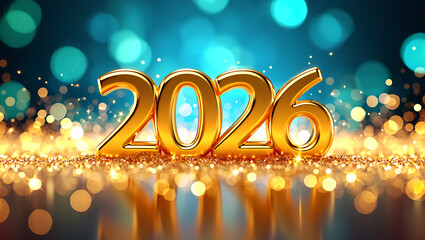 A beautiful "2026" sign made of golden balloons floats on a sparkling blue and gold bokeh background.