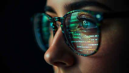 Close-up of a female developer with binary code reflection in eyeglasses.