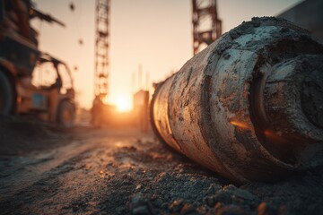 Concrete Mixer Drum resting on a construction site at sunset