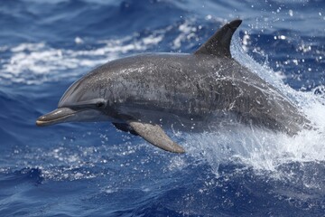 Fototapeta premium Dolphin leaping from ocean waves in a beautiful blue setting