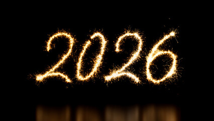 The year 2026 is written with a golden sparkler, with sparkles reflecting on a dark surface.