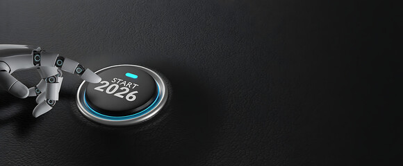 Robot Start 2026: Futuristic robotic hand pressing a glowing "START 2026" button on a high-tech interface.