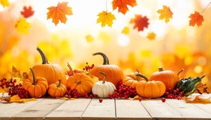 Vibrant Autumn Harvest Still Life with Pumpkins, Gourds, and Red Berries