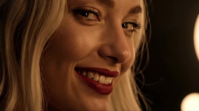 Blonde woman shows gold tooth grill while smiling. Female displays golden dental jewelry in closeup. Beauty portrait reveals gold teeth. Woman smiles with tooth grill. Golden smile closeup.