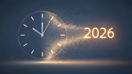 Abstract clock face dissolving into golden sand for 2026 countdown. GENERATIVE AI
