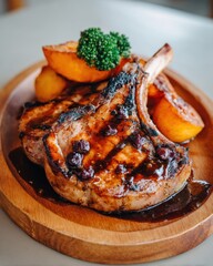 Grilled lamb chop with glazed parsnips on a wooden plate