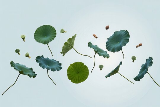Artistic arrangement of floating lotus leaves and seed heads on a pale blue background - Powered by Adobe