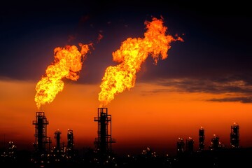 Industrial refinery with fire plumes burning into the night sky